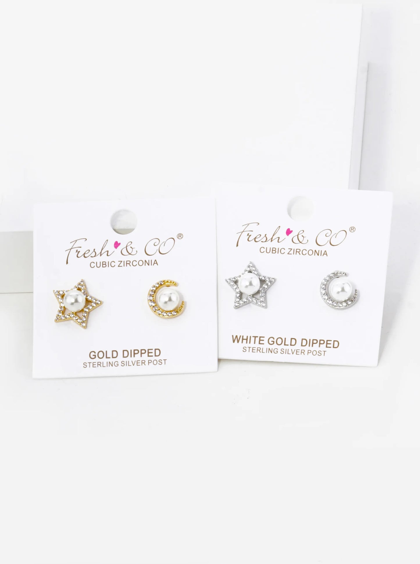 18K Gold Dipped Micro Pave Cubic Zirconia With Pearl Star And Moon Asymmetrical Stud Earrings