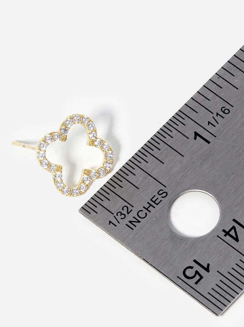 18K Gold Dipped Micro Pave Set Cubic Zirconia 13mm Quatrefoil 925 Sterling Silver Post Stud Earrings