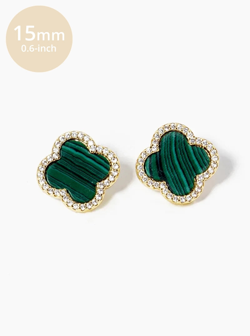 18K Gold Dipped Micro Pave Set Cubic Zirconia 15mm Semi-Precious Quatrefoil 925 Sterling Silver Post Stud Earrings