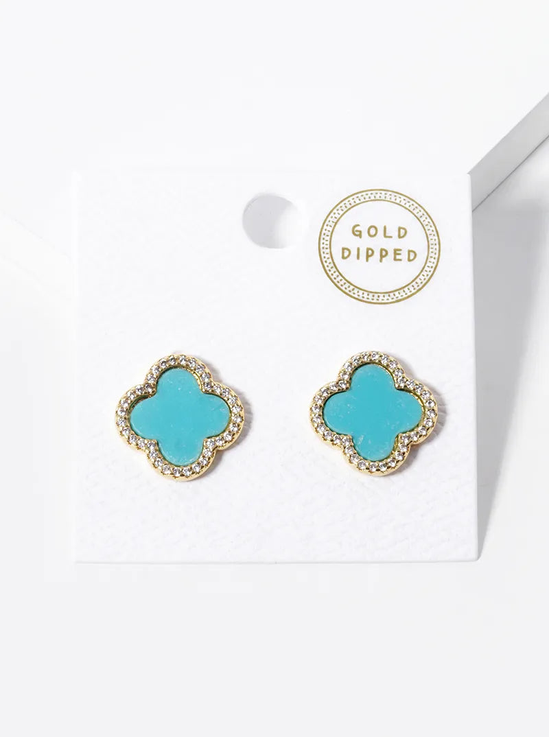 18K Gold Dipped Micro Pave Set Cubic Zirconia 15mm Semi-Precious Quatrefoil 925 Sterling Silver Post Stud Earrings