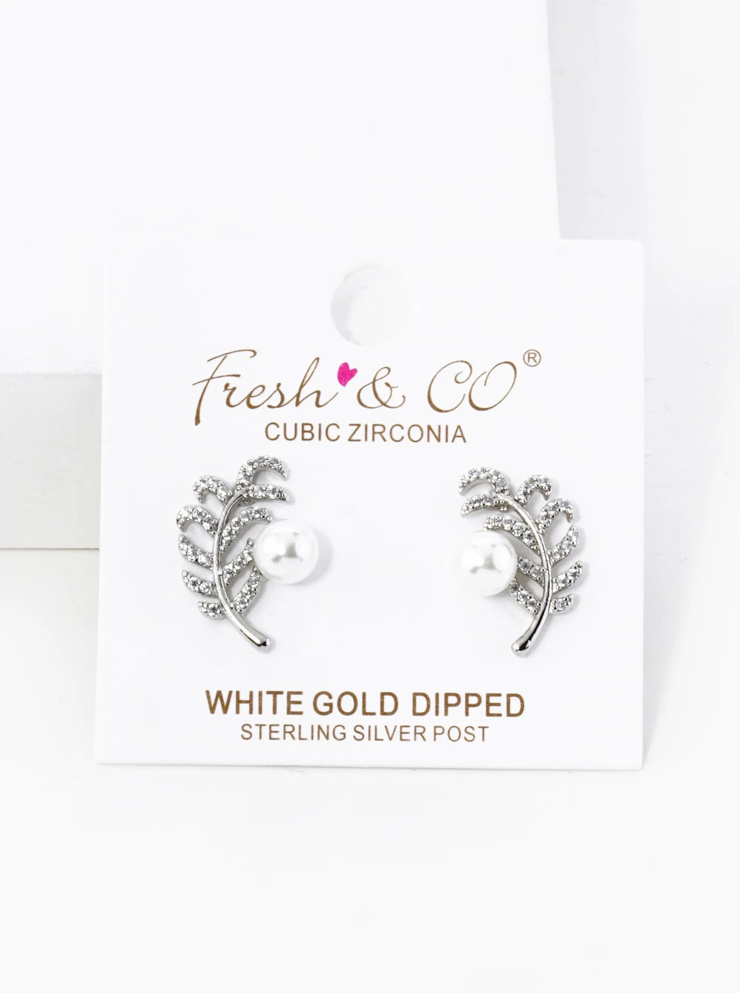 18K Gold Dipped Micro Pave Set Cubic Zirconia Feather And Pearl Stud Earrings