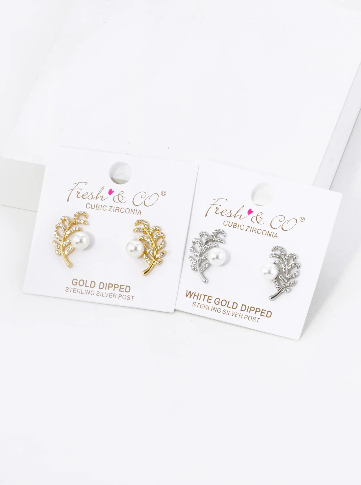 18K Gold Dipped Micro Pave Set Cubic Zirconia Feather And Pearl Stud Earrings