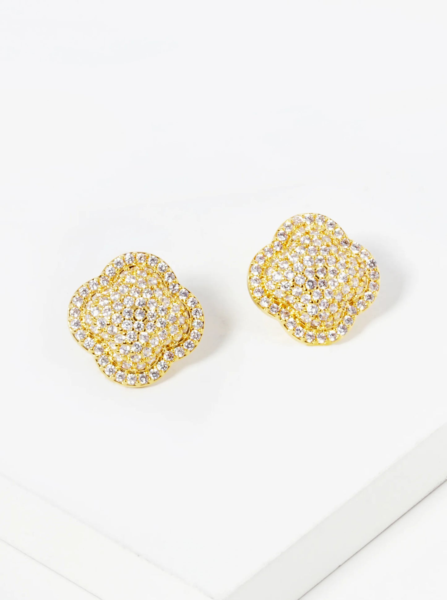 18K-Gold-Dipped Micro Pave Set Cubic Zirconia Puffy Quatrefoil 925 Sterling Silver Post Stud Earrings