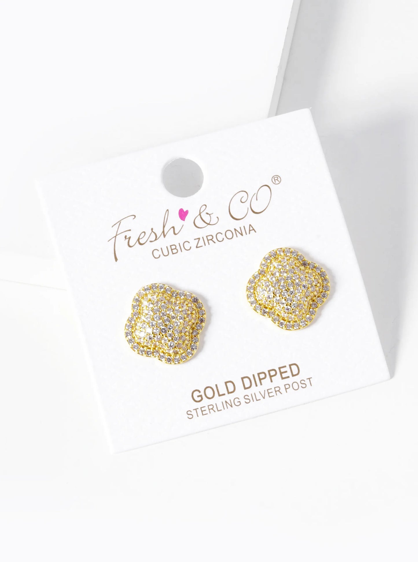 18K-Gold-Dipped Micro Pave Set Cubic Zirconia Puffy Quatrefoil 925 Sterling Silver Post Stud Earrings