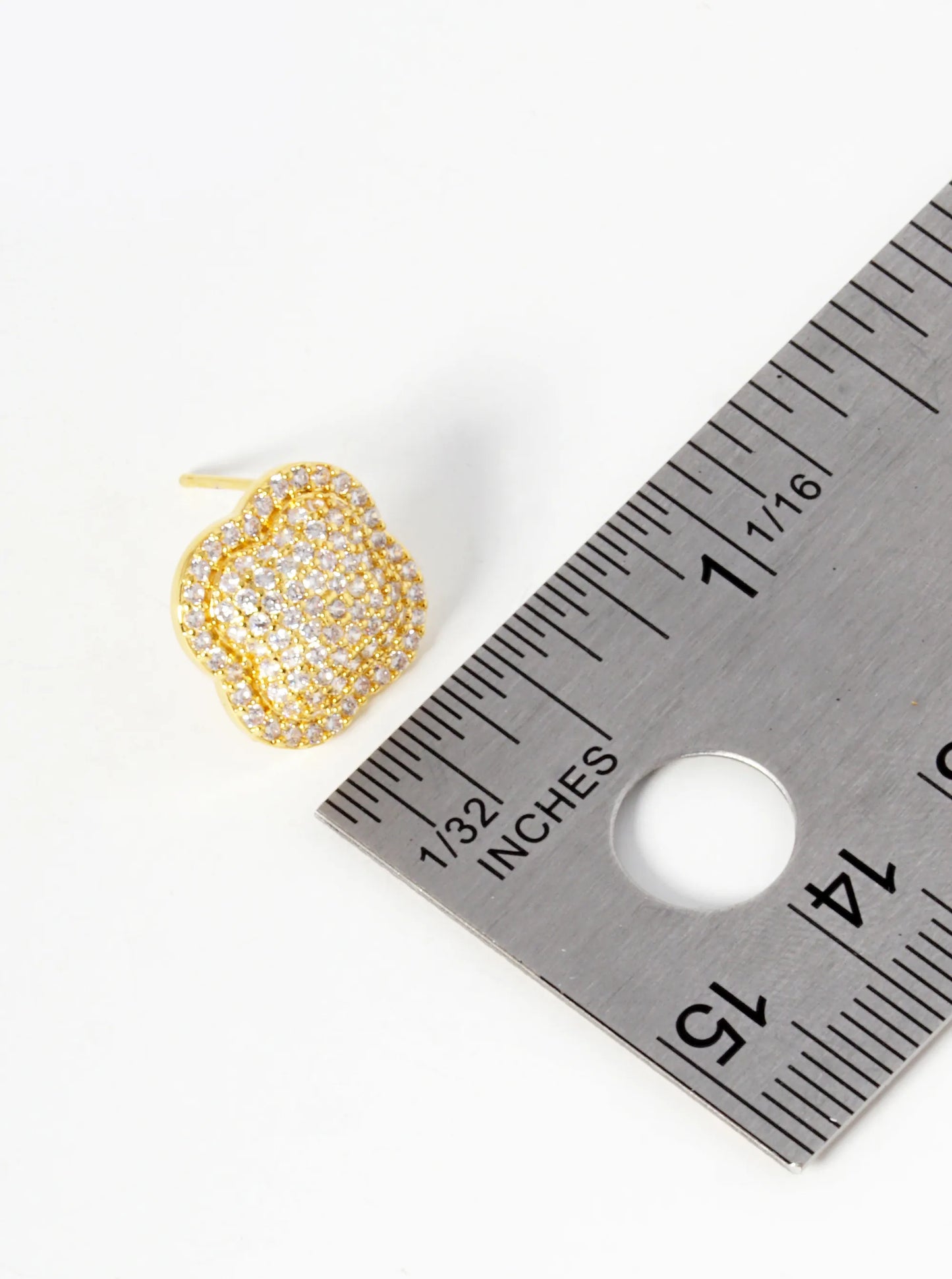 18K-Gold-Dipped Micro Pave Set Cubic Zirconia Puffy Quatrefoil 925 Sterling Silver Post Stud Earrings