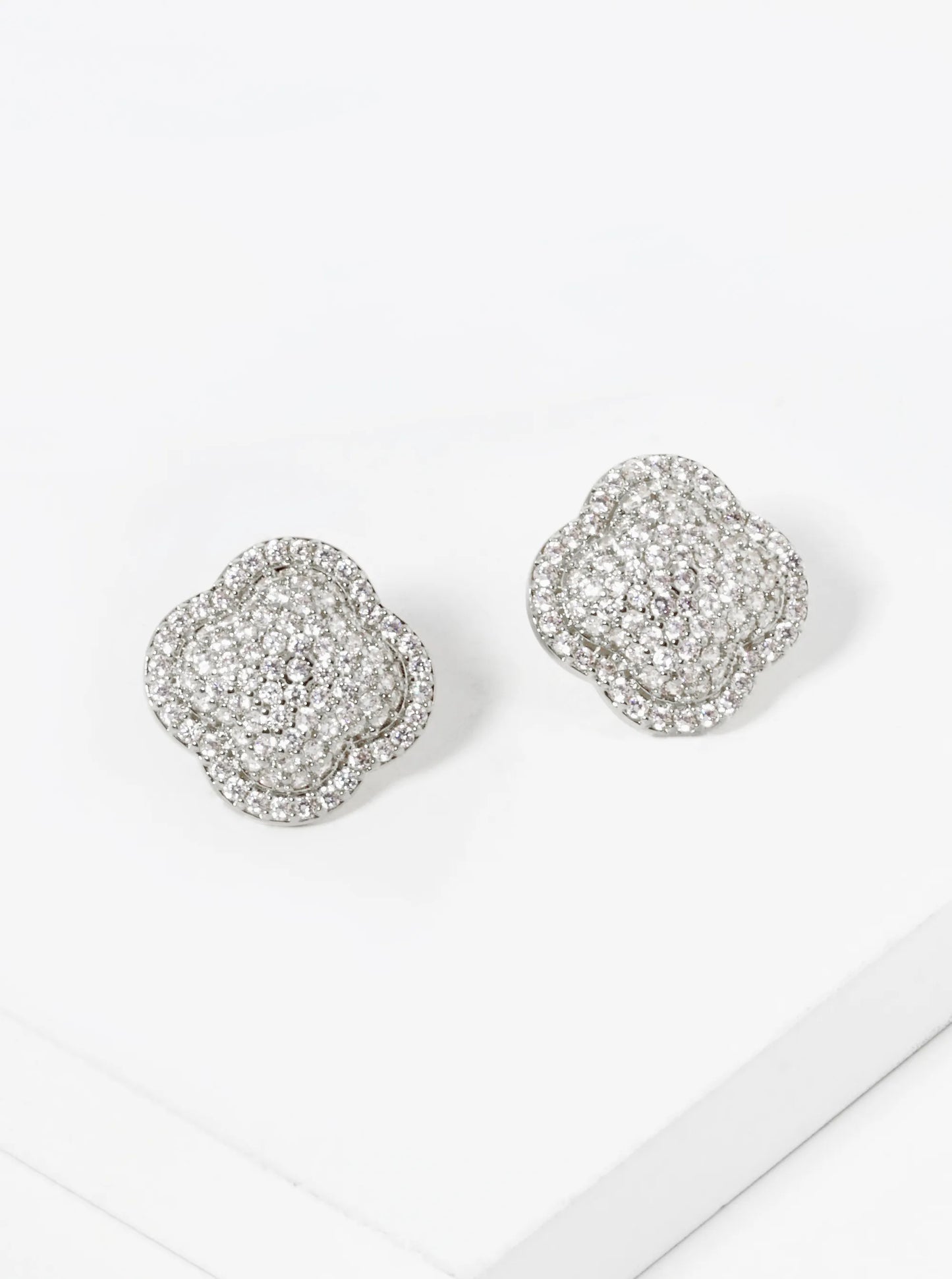 18K-Gold-Dipped Micro Pave Set Cubic Zirconia Puffy Quatrefoil 925 Sterling Silver Post Stud Earrings