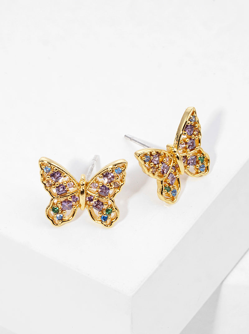 18K Gold Dipped Multi Color CZ Pave Butterfly Stud Earrings