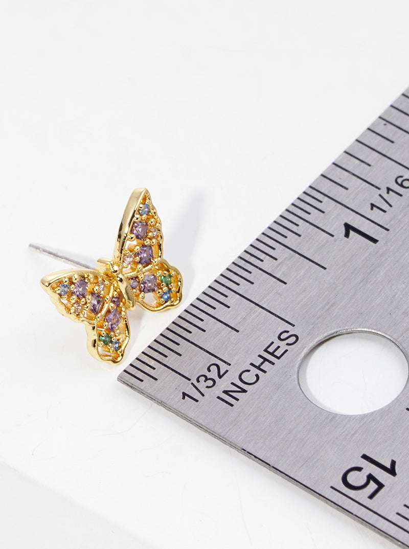 18K Gold Dipped Multi Color CZ Pave Butterfly Stud Earrings