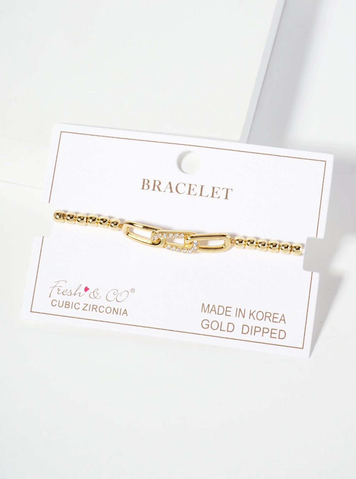 18K-Gold-Dipped Pave-Set Cubic-Zirconia Chain Accent Ball-Beaded Stretch Bracelet