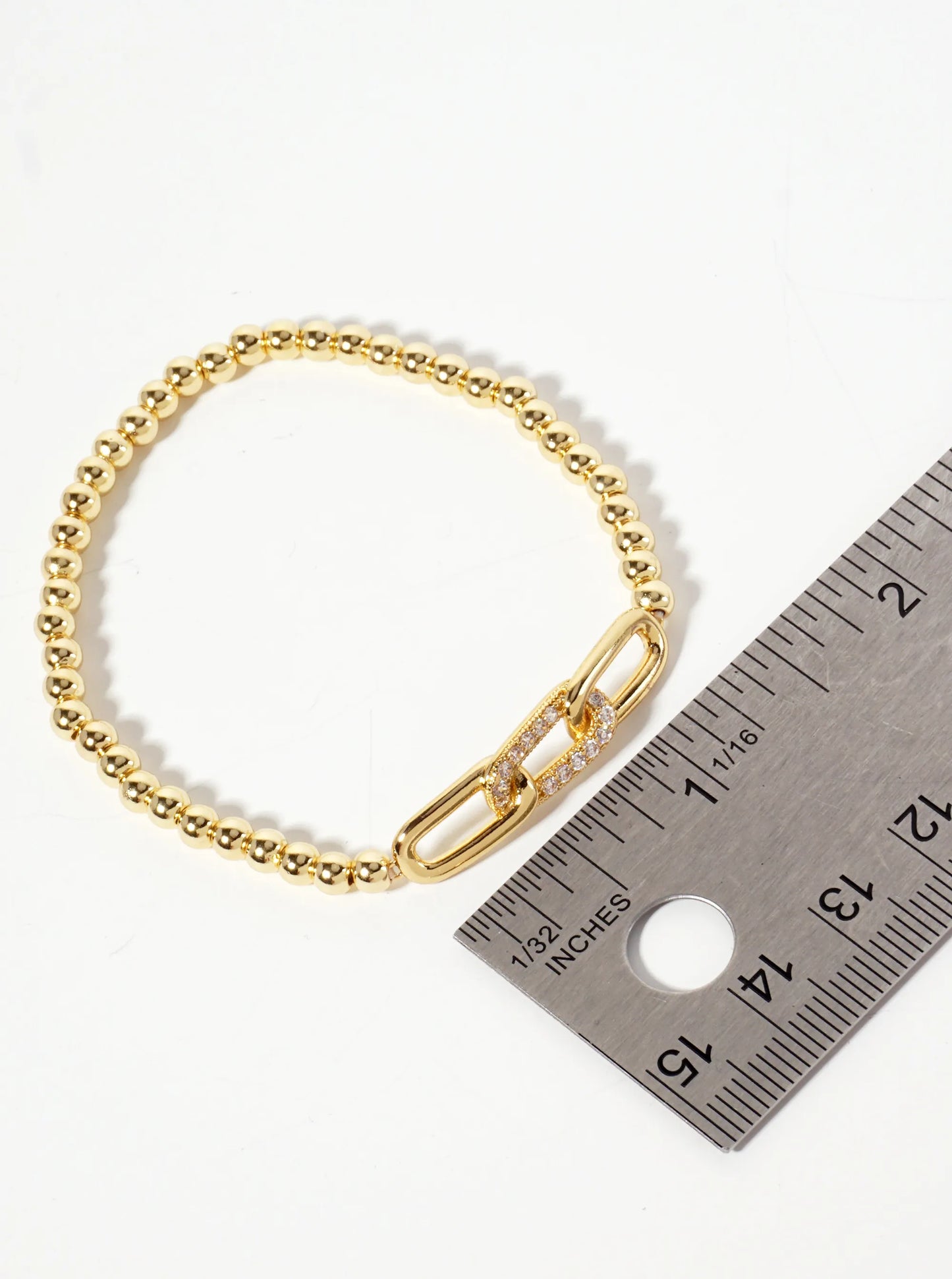18K-Gold-Dipped Pave-Set Cubic-Zirconia Chain Accent Ball-Beaded Stretch Bracelet