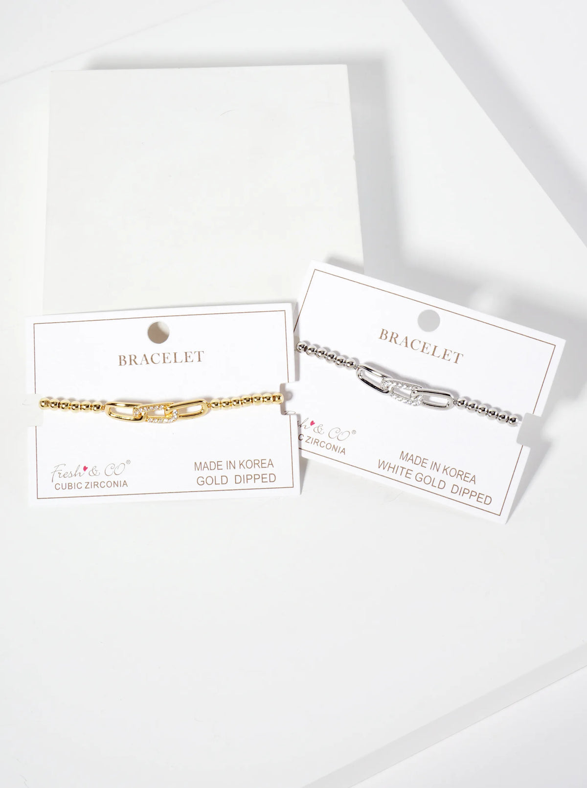 18K-Gold-Dipped Pave-Set Cubic-Zirconia Chain Accent Ball-Beaded Stretch Bracelet