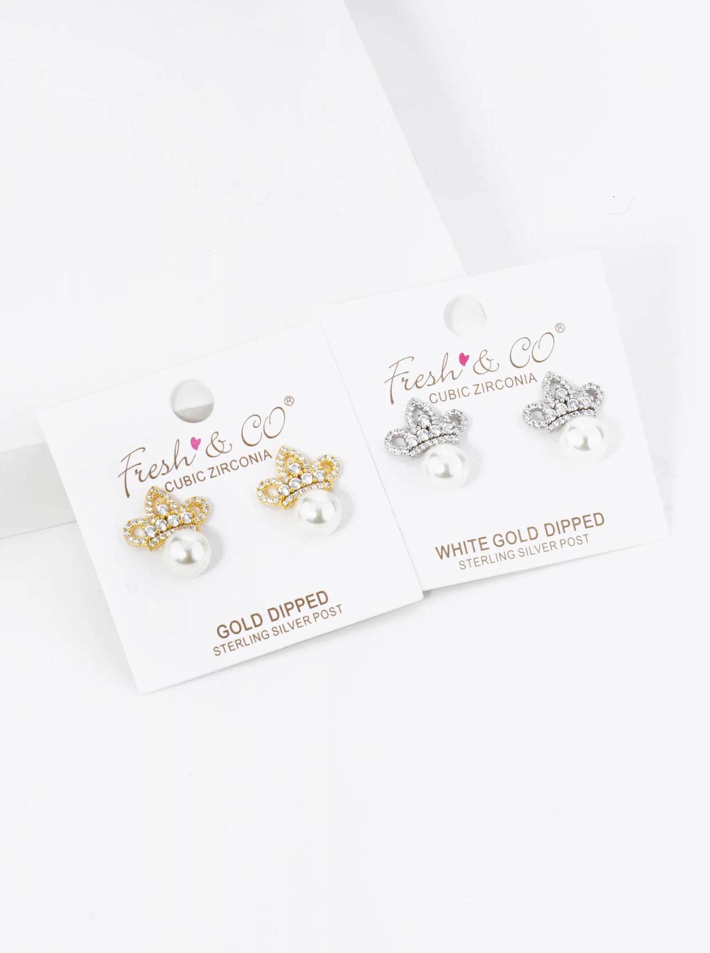 18K Gold Dipped Pave Set Cubic Zirconia Crown With 7mm Pearl Stud Earrings