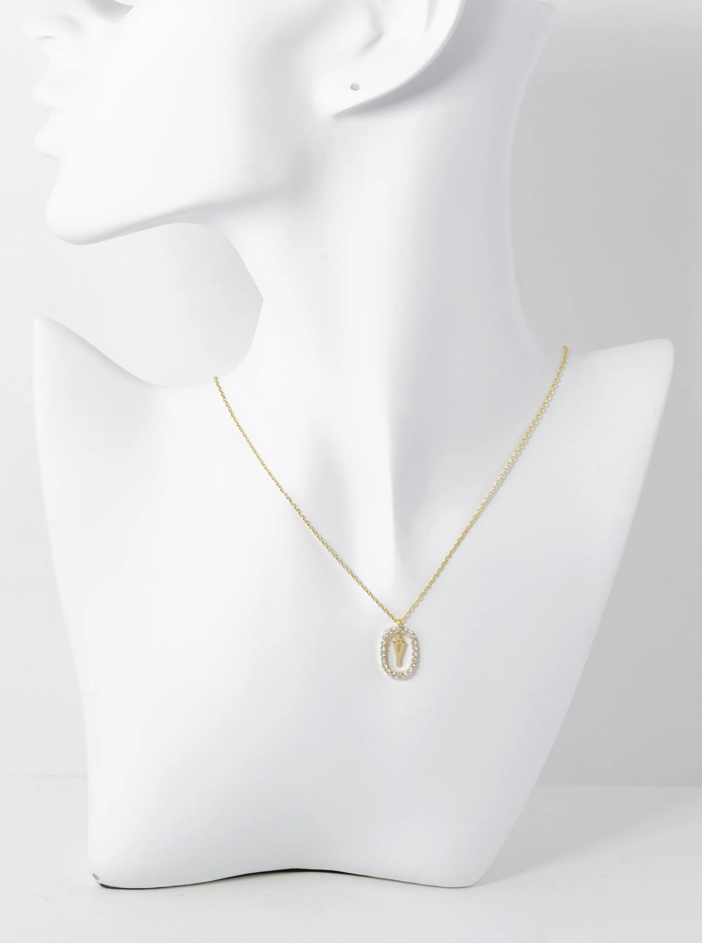 18K Gold Dipped Pave Set Cubic Zirconia Oval In Initial Drop Pendant Necklace