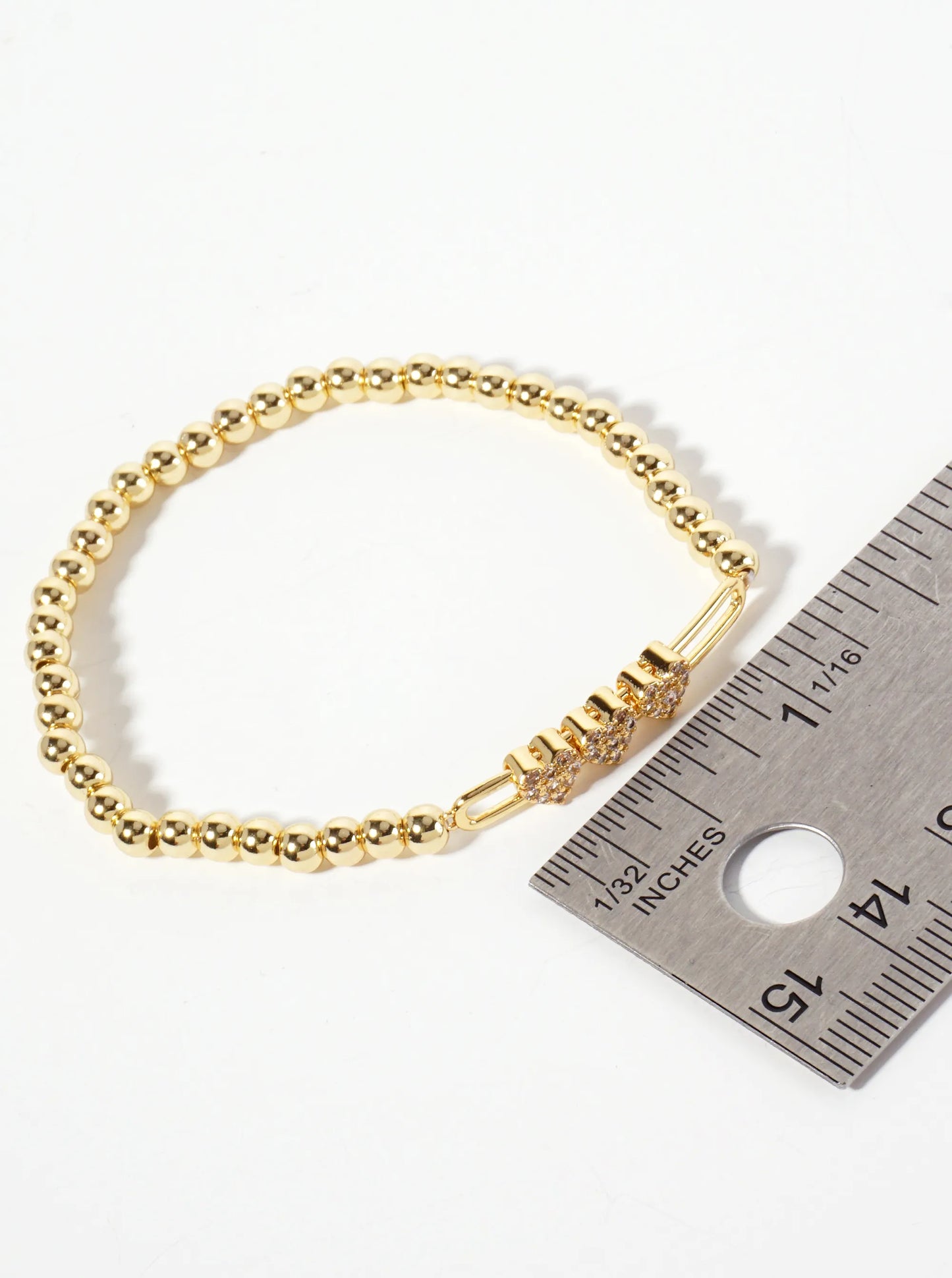 18K-Gold-Dipped Pave-Set Cubic-Zirconia Three Heart Accents Ball-Beaded Stretch Bracelet