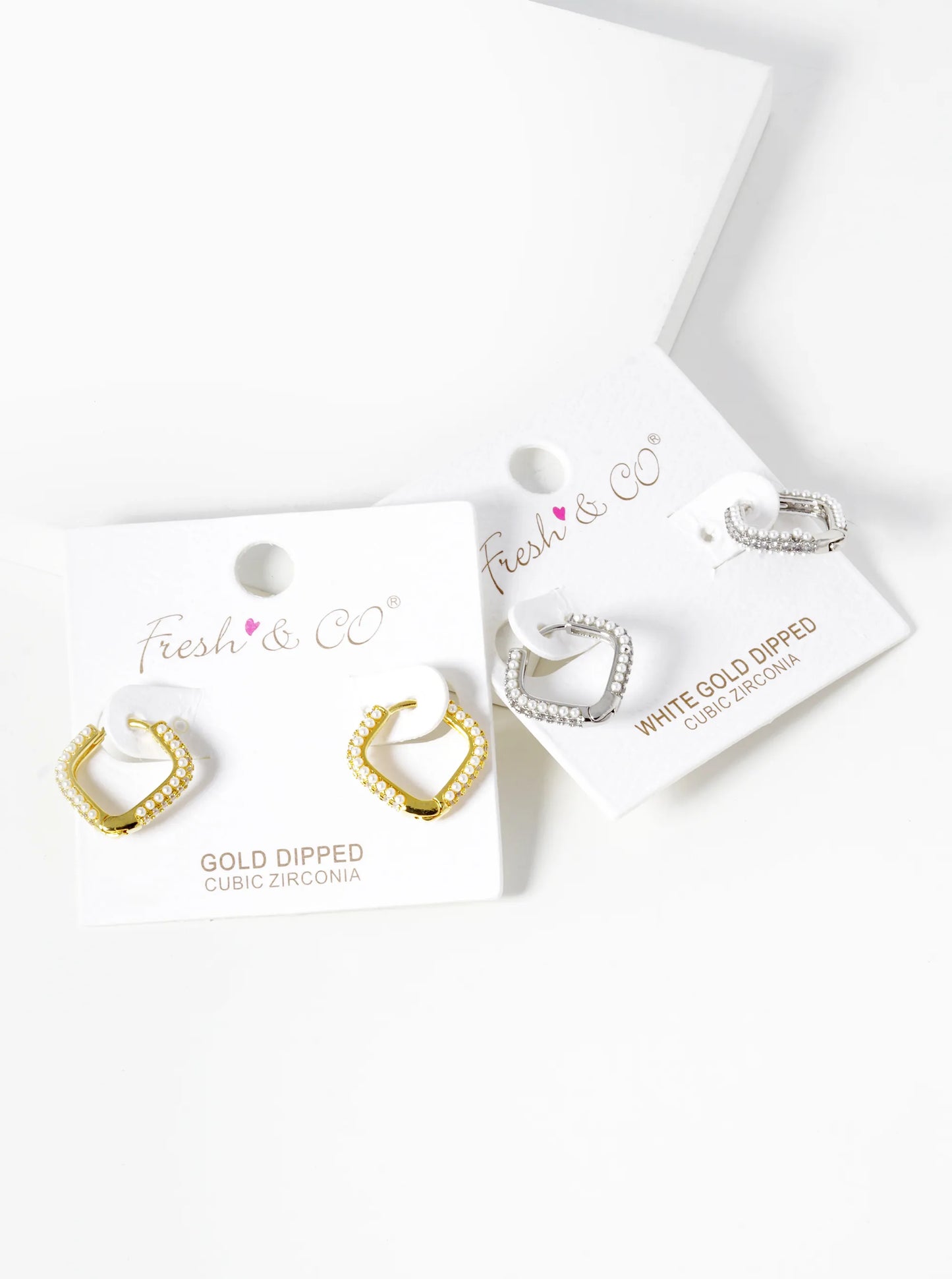 18K-Gold-Dipped Pearl And CZ Pave Rhombus Shape 15mm Hoop Earrings