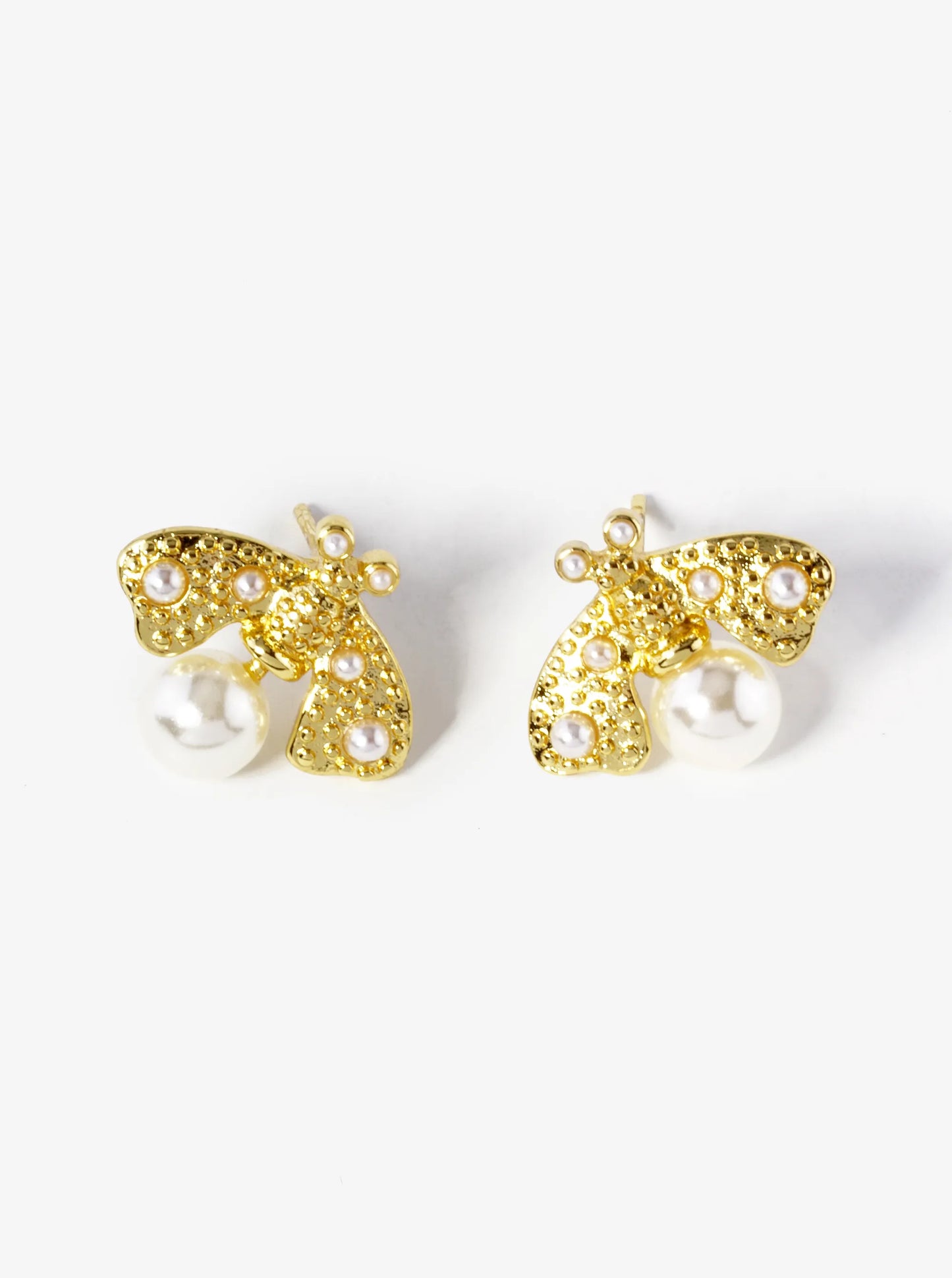 18K-Gold-Dipped Pearl Beaded 14mm Brass Bumblebee Stud Earrings
