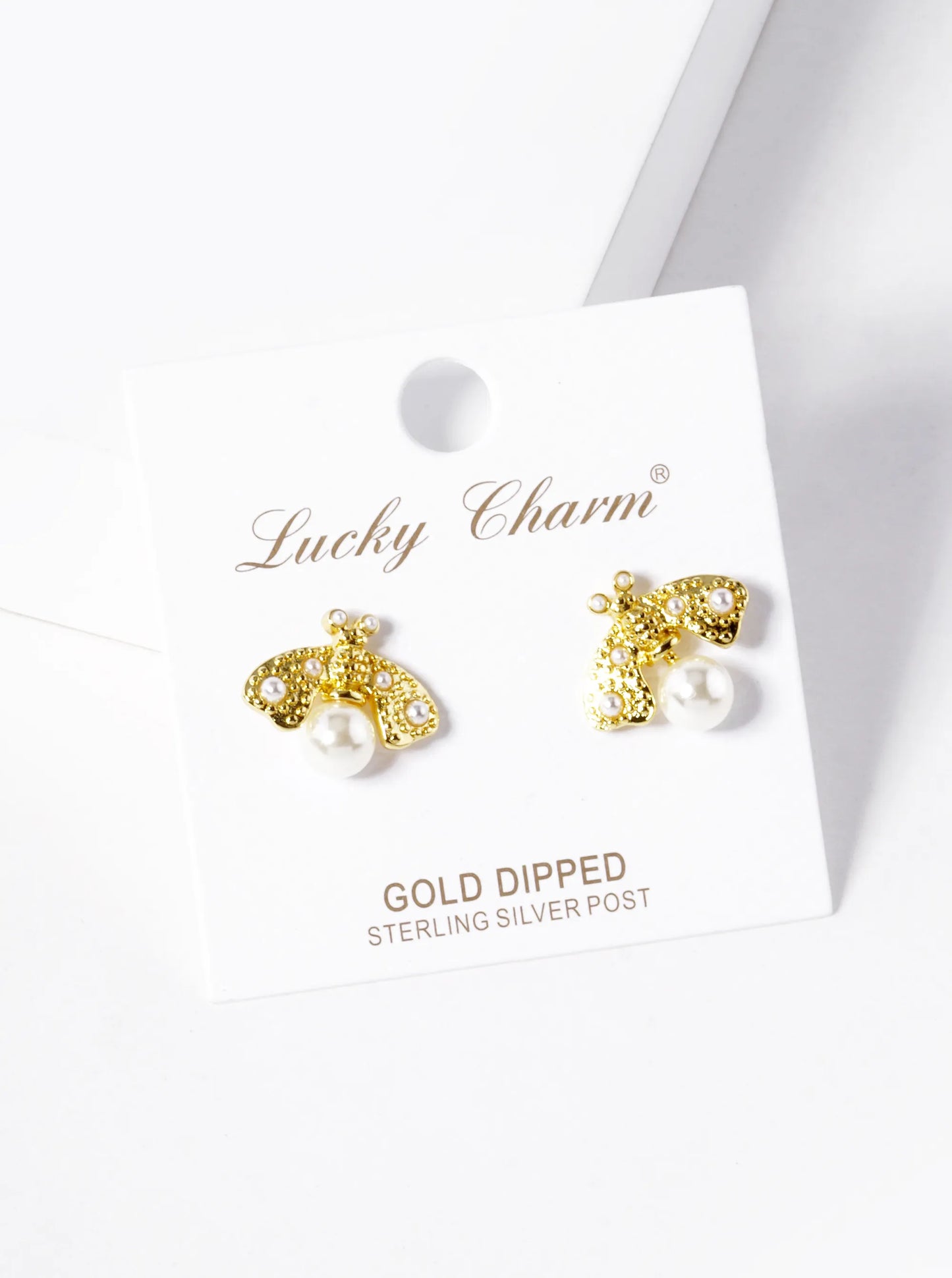 18K-Gold-Dipped Pearl Beaded 14mm Brass Bumblebee Stud Earrings