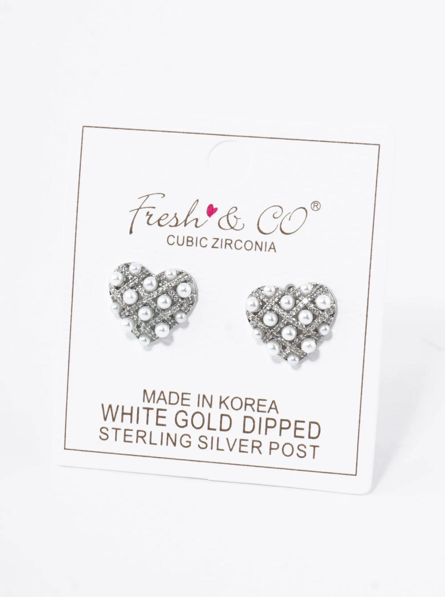 18K Gold Dipped Pearl Beaded Cubic Zirconia Heart Stud Earrings