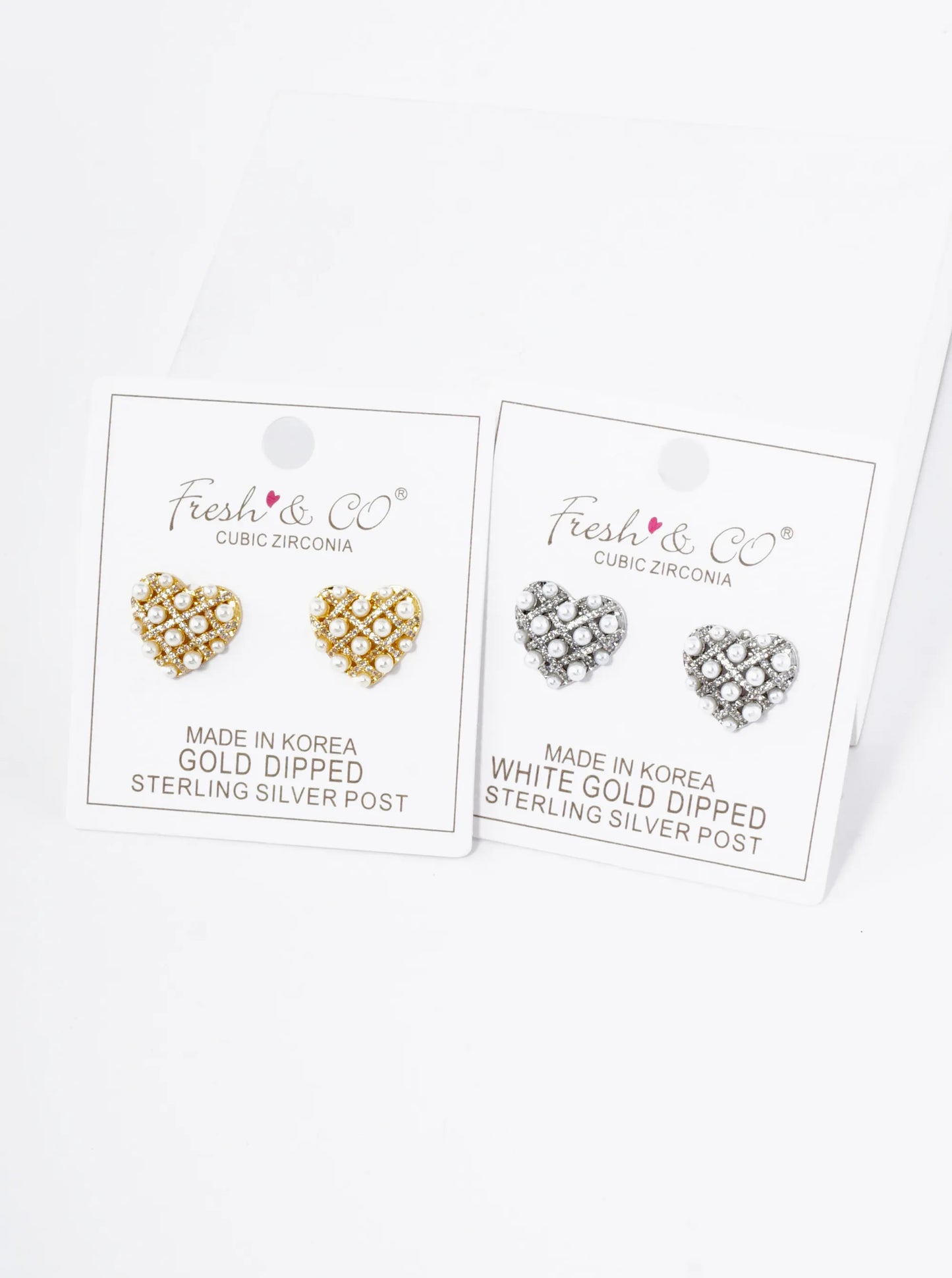 18K Gold Dipped Pearl Beaded Cubic Zirconia Heart Stud Earrings