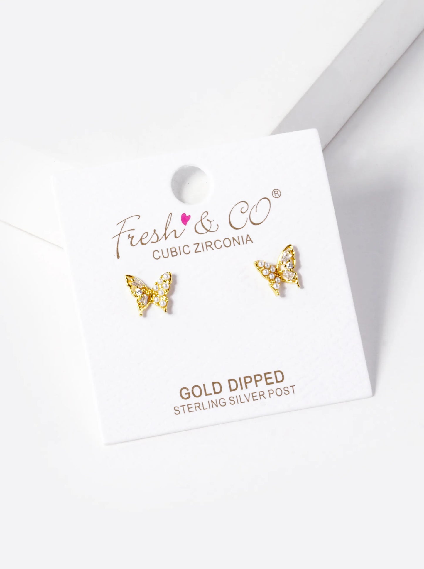18K Gold Dipped Pearl CZ Pave Butterfly Stud Earrings