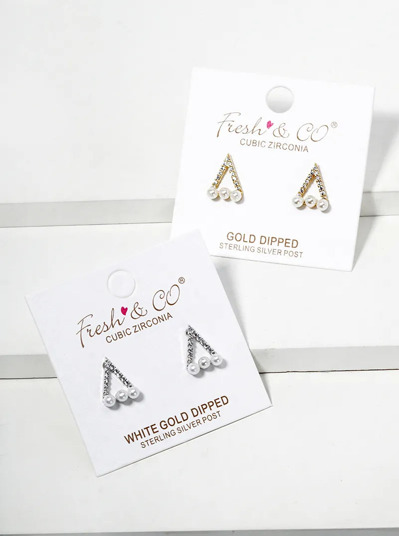 18K Gold Dipped Pearl CZ Pave Dainty Triangle Stud Earrings