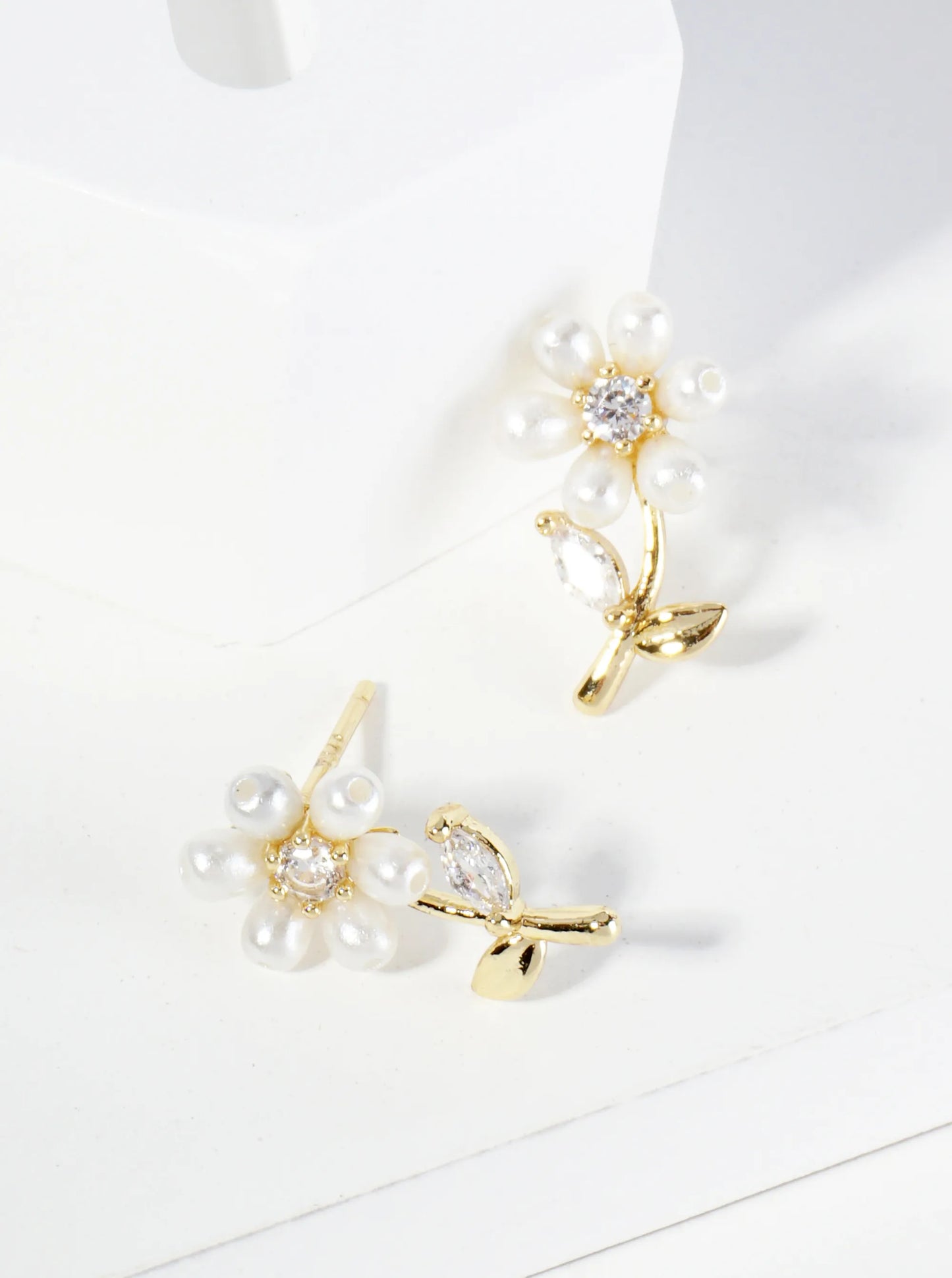 18K Gold Dipped Pearl Cubic Zirconia Flower Stud Earrings
