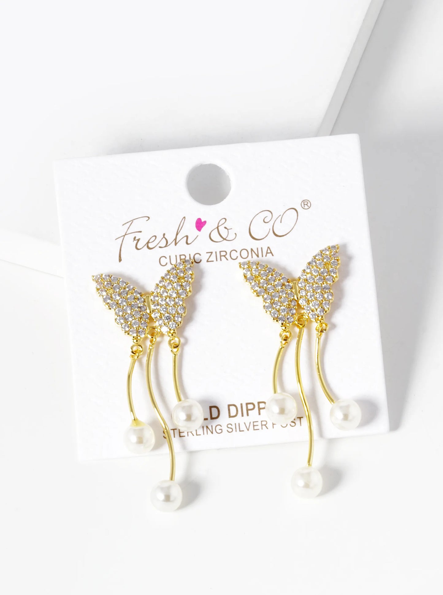 18K Gold Dipped Pearl Drop CZ Pave Butterfly Dangle Earrings