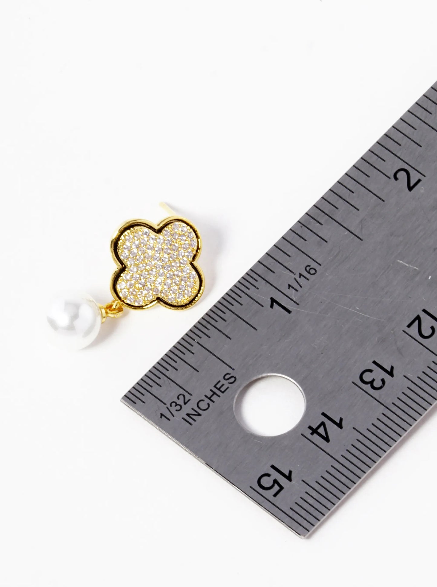 18K-Gold-Dipped Pearl Drop CZ Pave Quatrefoil Dangle 925 Sterling Silver Post Earrings
