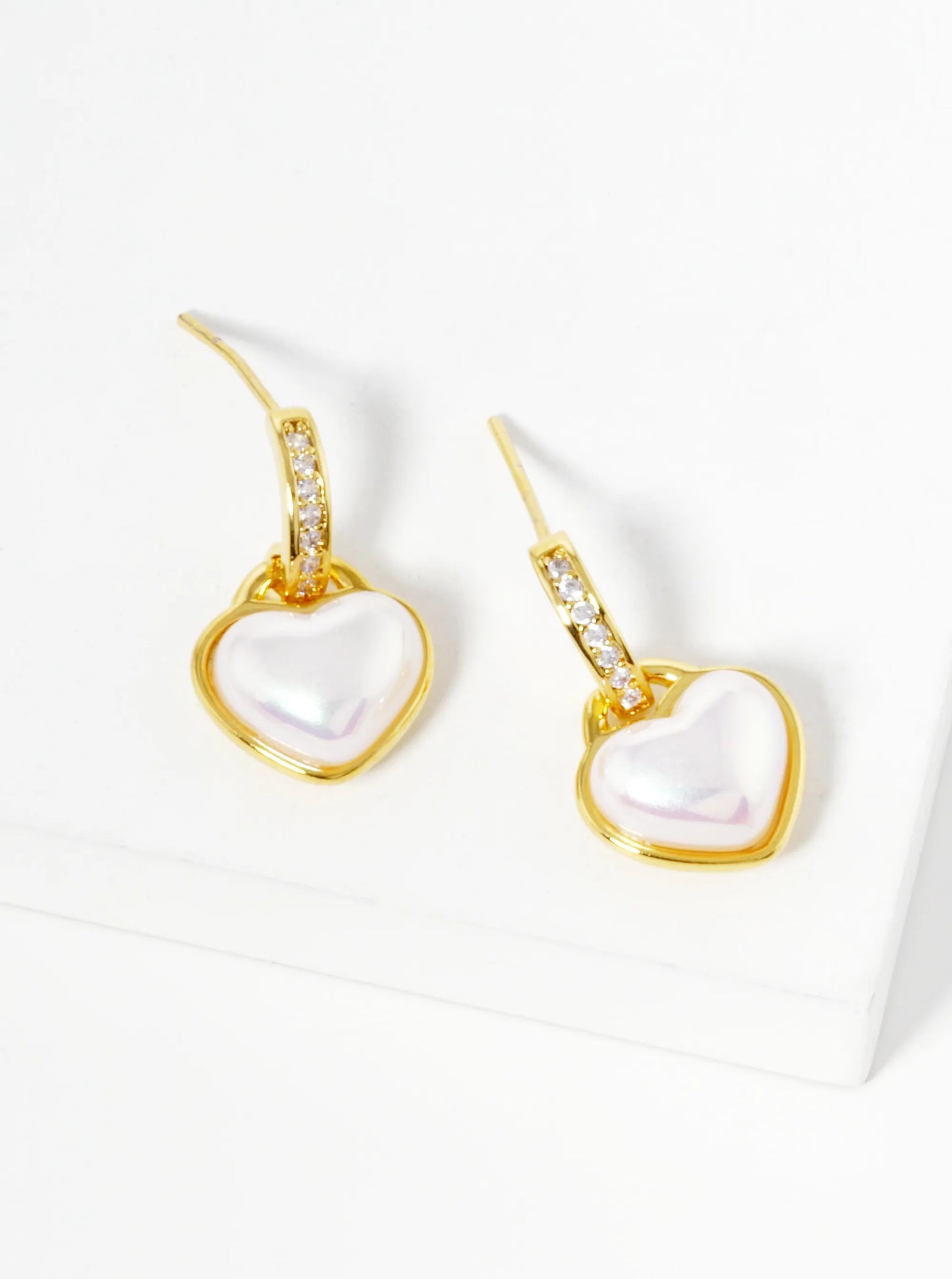 18K-Gold-Dipped Pearl Heart CZ Pave Stud Earrings