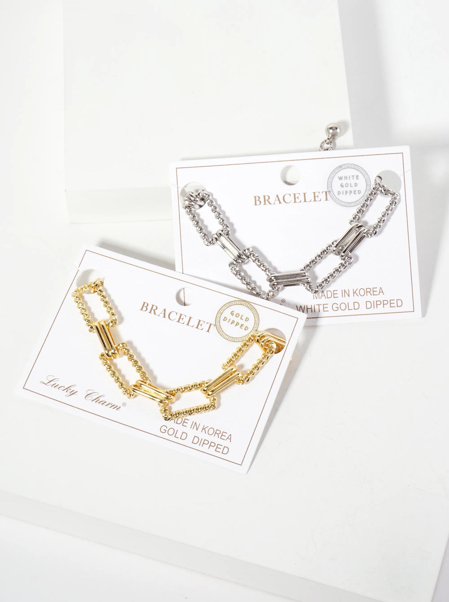 18K-Gold-Dipped Polished Brass 19-14mm Rope-Texture Rectangle Chain Bracelet
