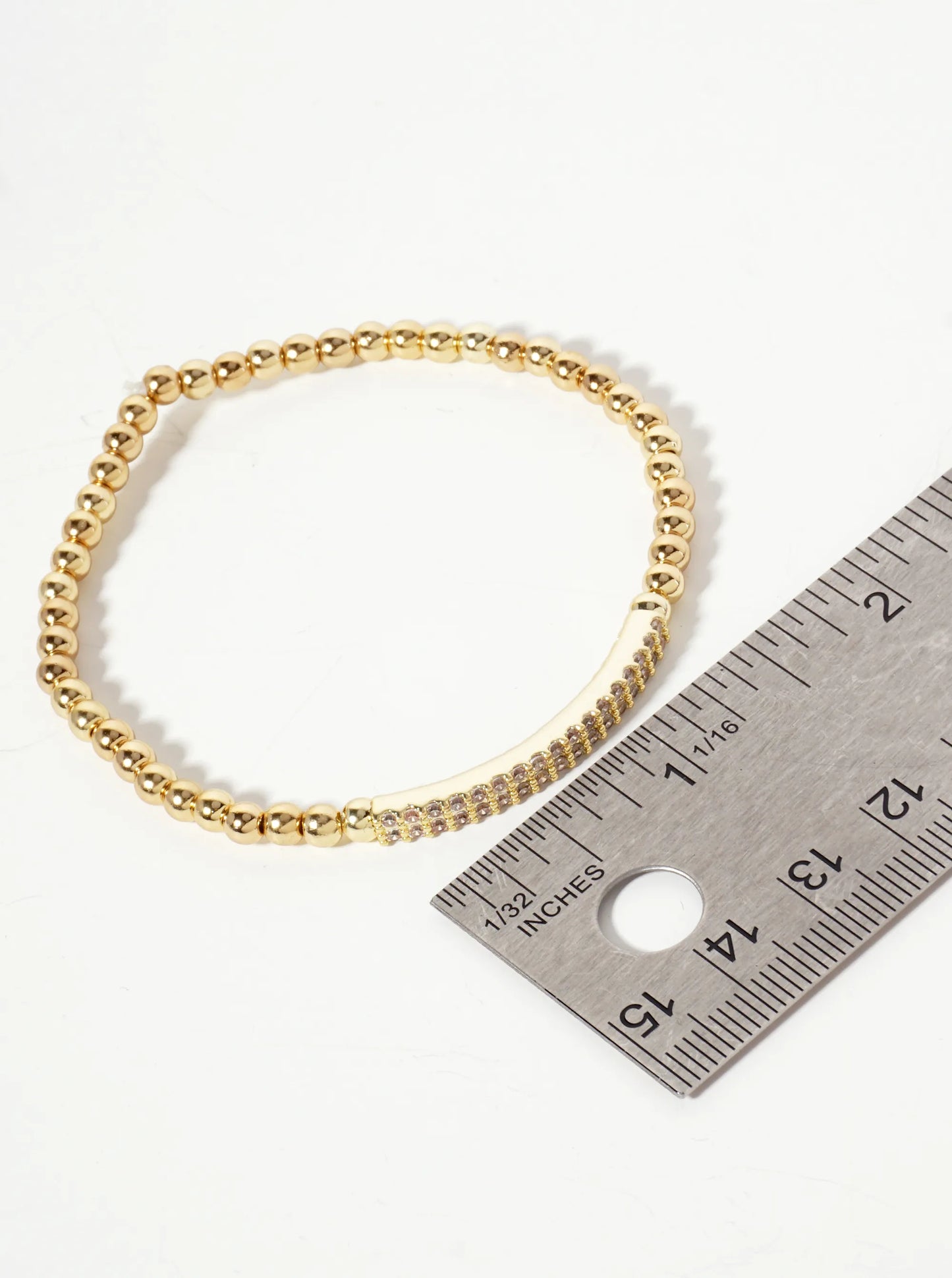18K-Gold-Dipped Polished Brass 4mm Beaded Stretch Bracelet With CZ Pave-Set Curved Bar Accent