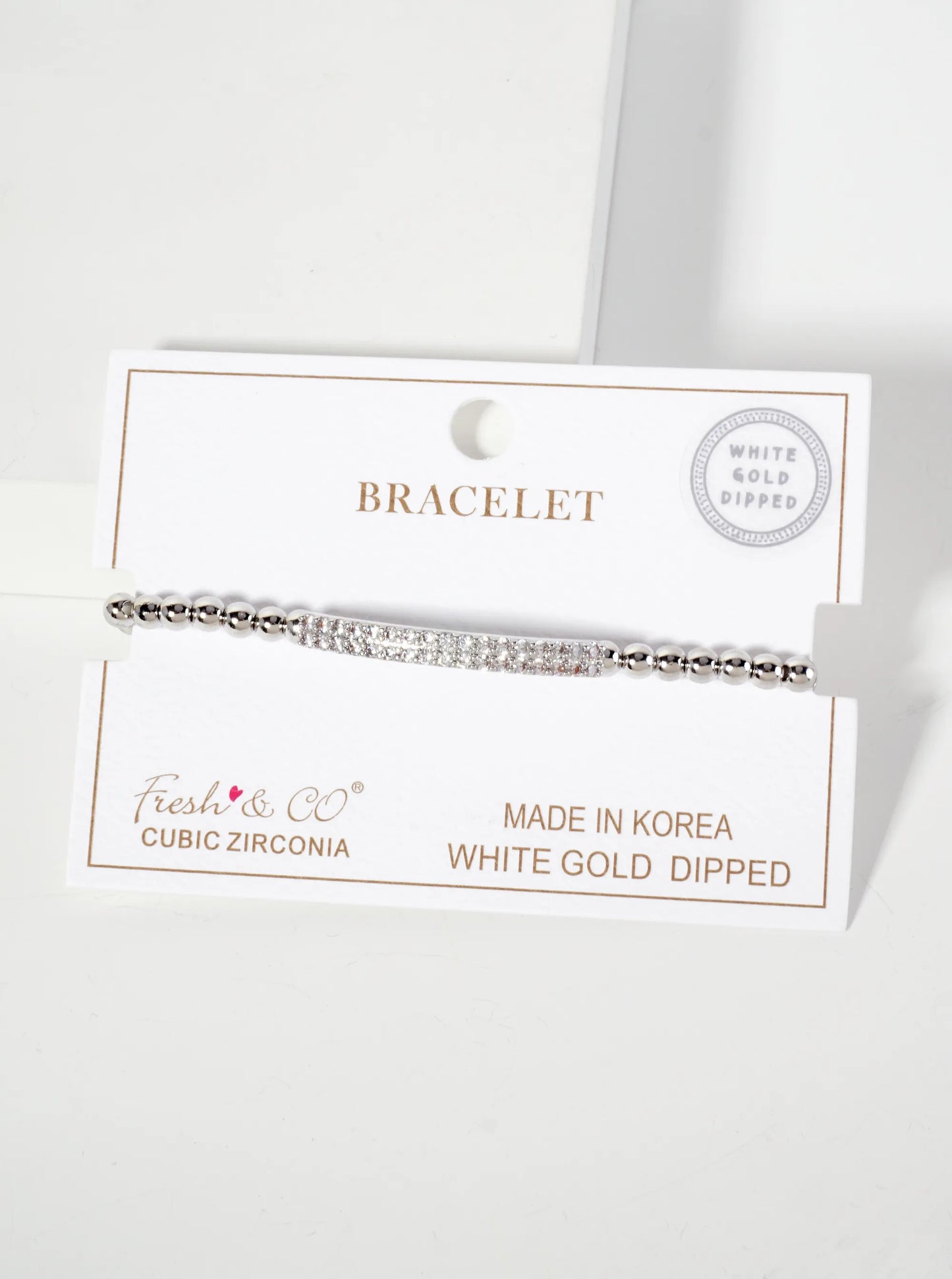 18K-Gold-Dipped Polished Brass 4mm Beaded Stretch Bracelet With CZ Pave-Set Curved Bar Accent