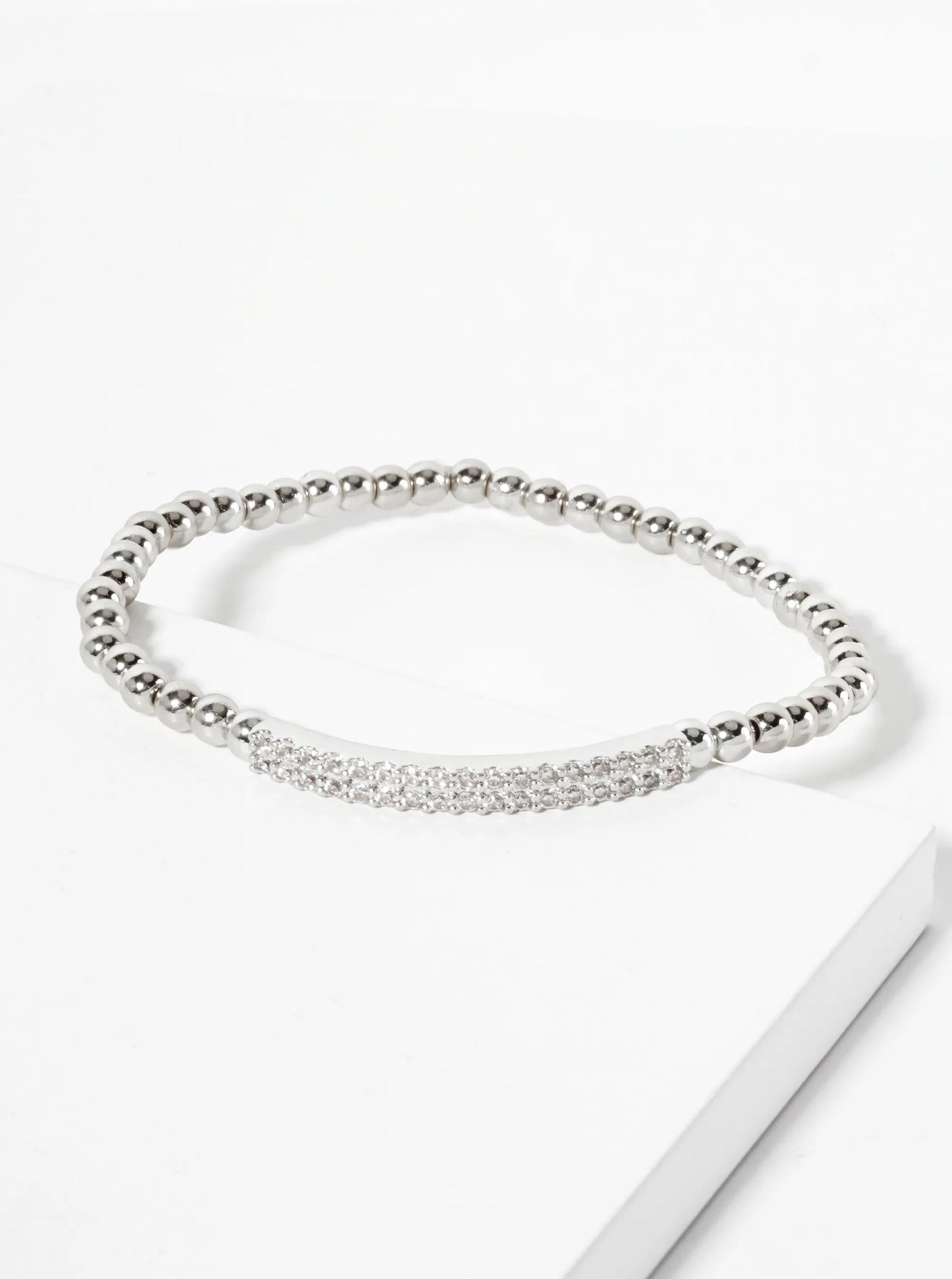 18K-Gold-Dipped Polished Brass 4mm Beaded Stretch Bracelet With CZ Pave-Set Curved Bar Accent