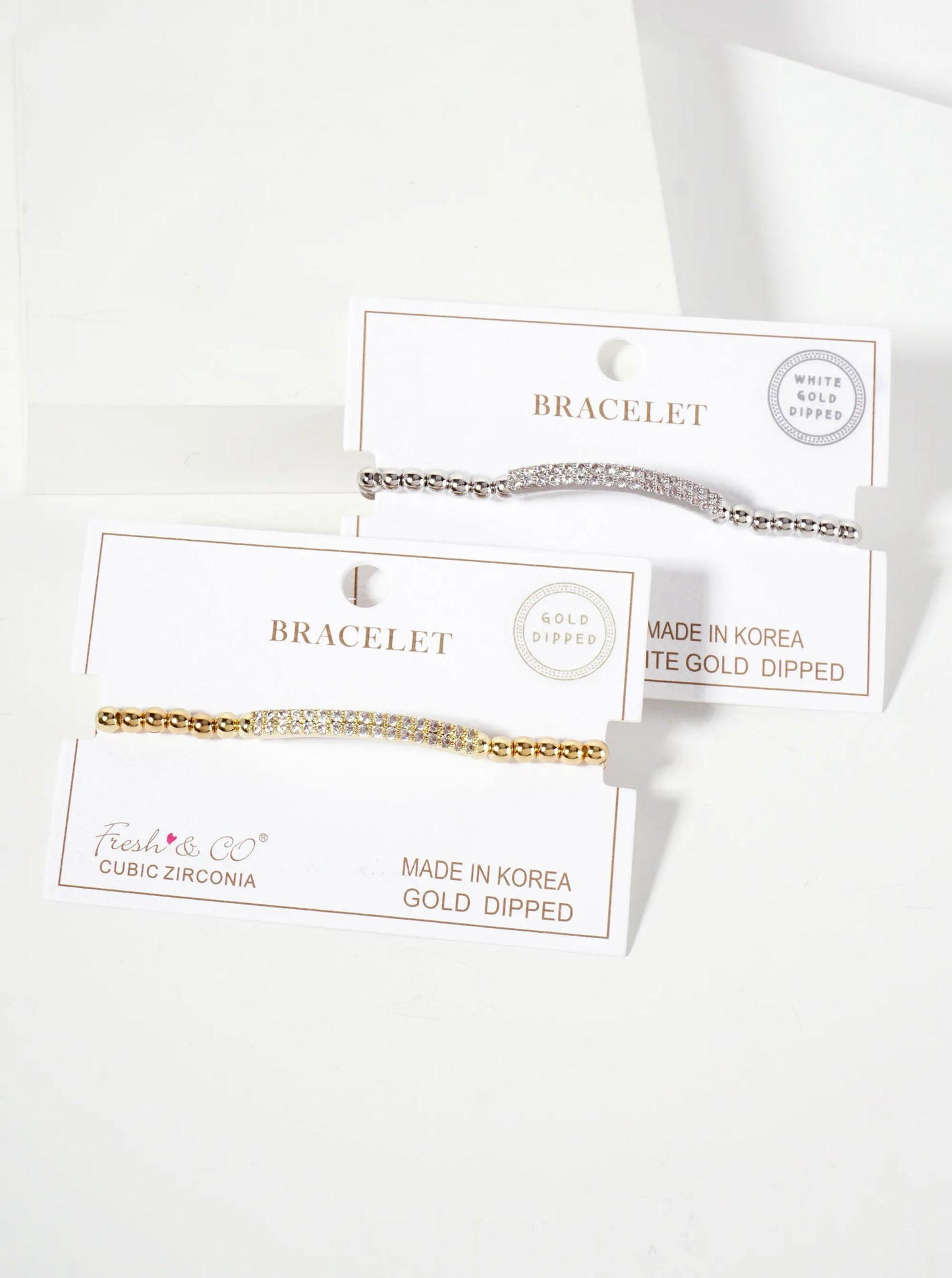18K-Gold-Dipped Polished Brass 4mm Beaded Stretch Bracelet With CZ Pave-Set Curved Bar Accent