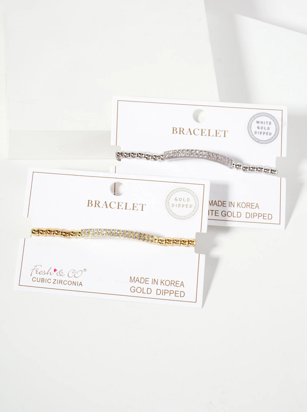 18K-Gold-Dipped Polished Brass 4mm Beaded Stretch Bracelet With CZ Pave-Set Curved Bar Accent
