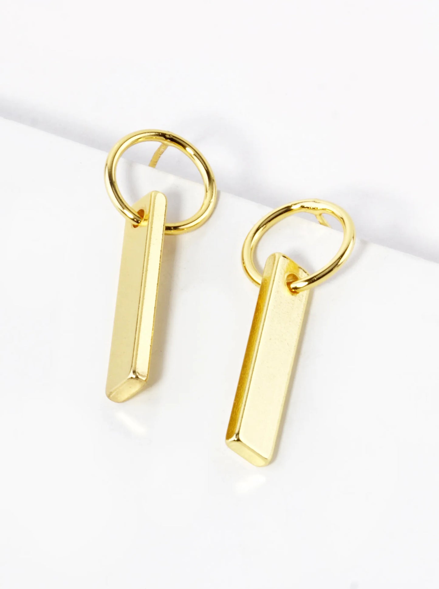 White Gold Dipped Rectangle Bar Drop Circle Post Earrings