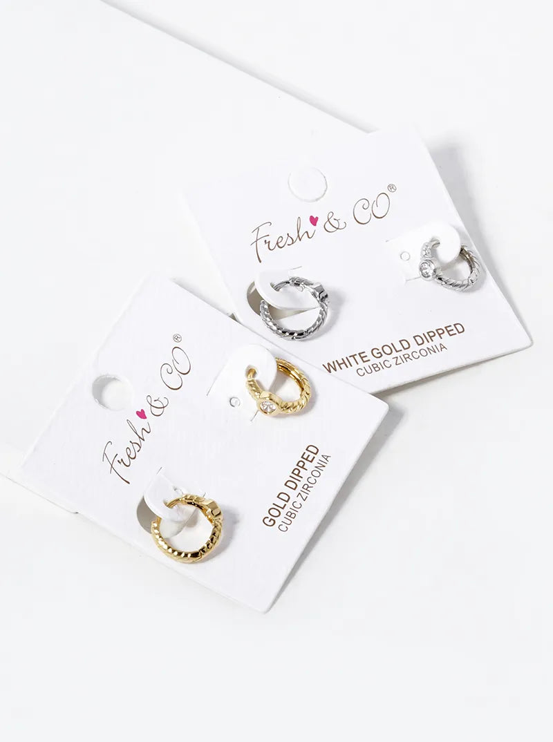 18K Gold Dipped Round CZ Stone 11mm Textured Huggie Hoop Earrings