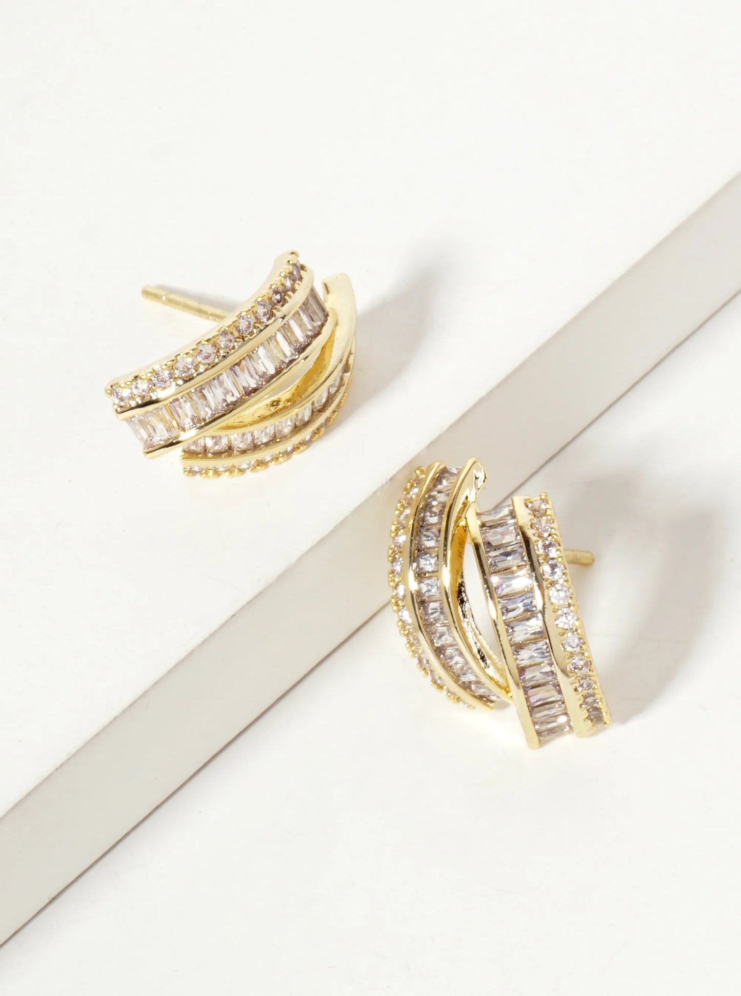 18K-Gold-Dipped Soft-Curve Stud Earrings With Dual-Row Pave CZ Setting