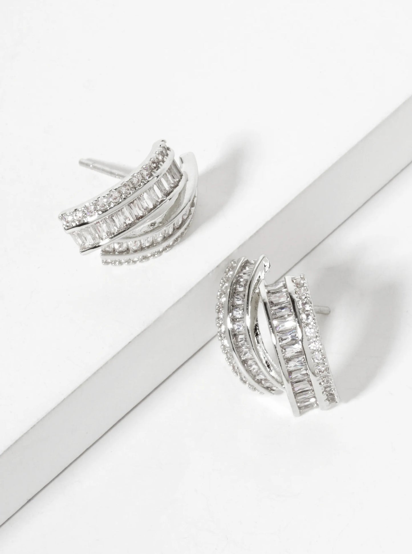 18K-Gold-Dipped Soft-Curve Stud Earrings With Dual-Row Pave CZ Setting
