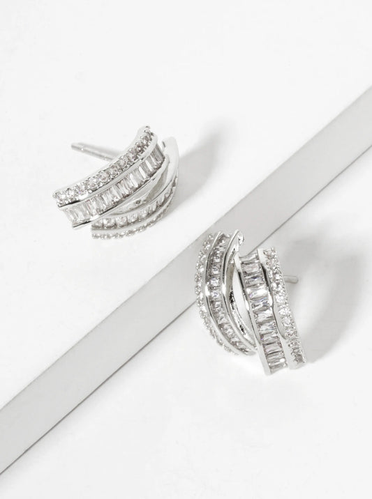 18K-Gold-Dipped Soft-Curve Stud Earrings With Dual-Row Pave CZ Setting