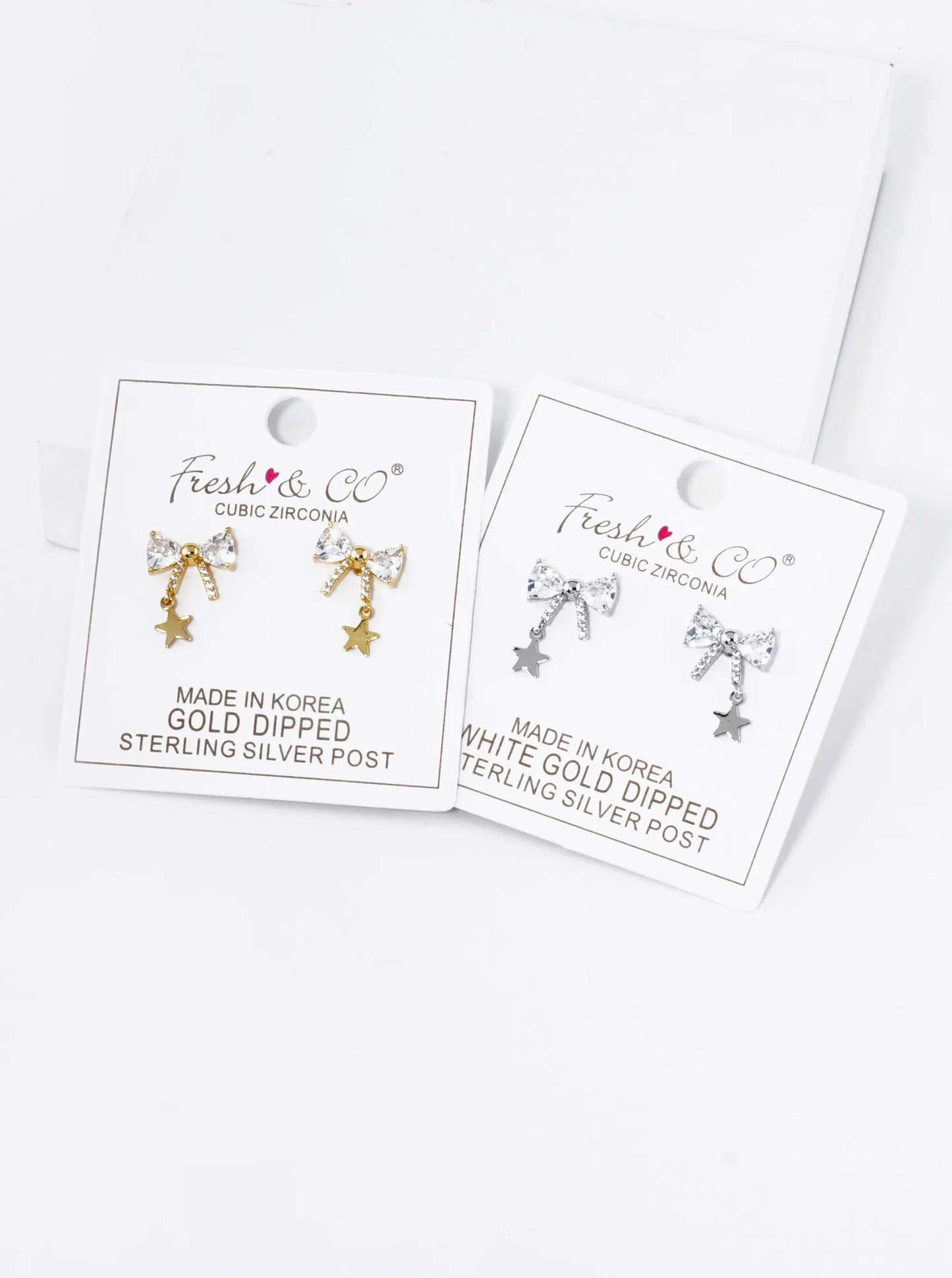 18K Gold Dipped Star Drop Cubic Zirconia Ribbon Bow Stud Earrings
