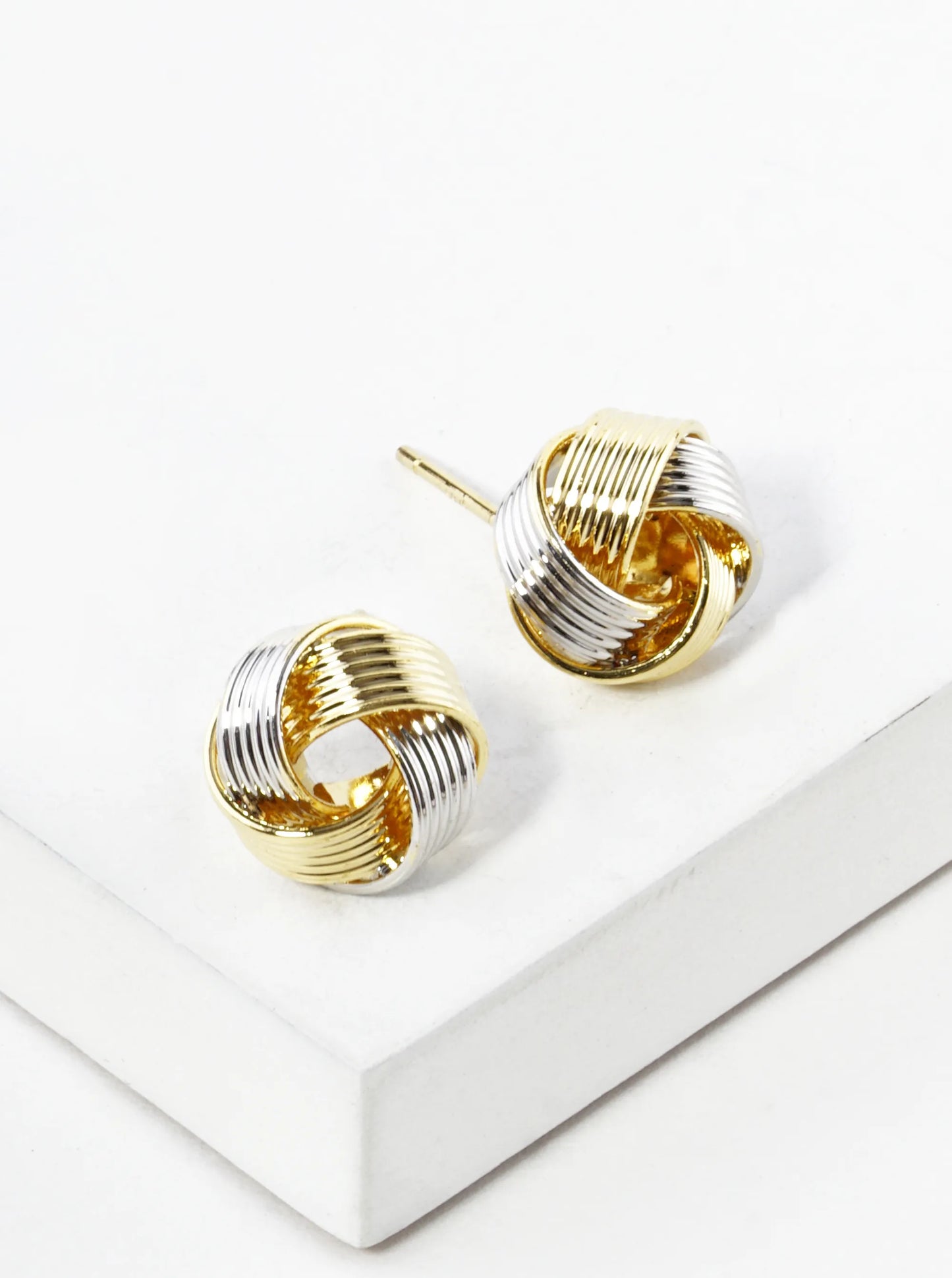 White Gold Dipped Textured 10mm Love Knot Stud Earrings