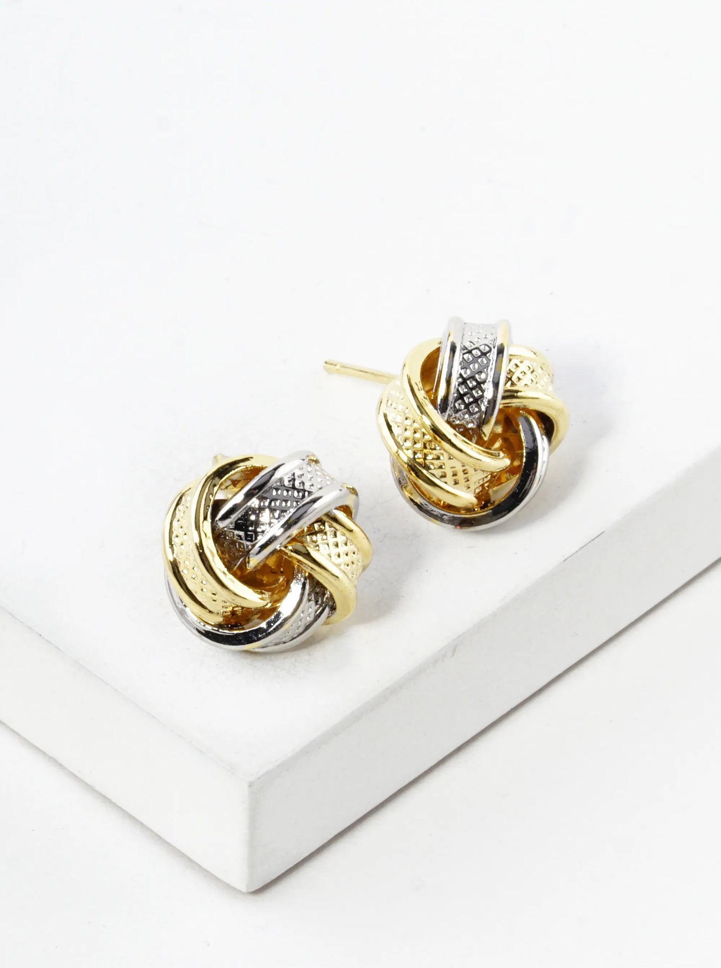 White Gold Dipped Textured 11mm Love Knot Stud Earrings