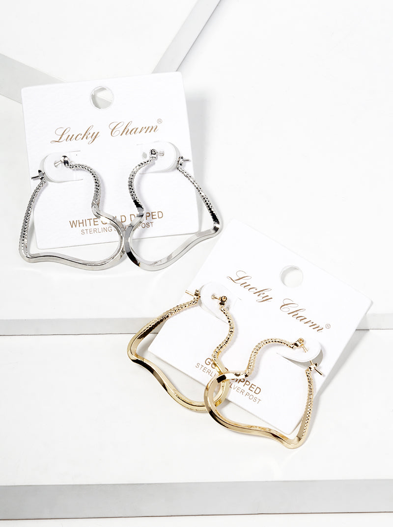 18K Gold Dipped Textured Brass Heart Hinged Hoop Earrings