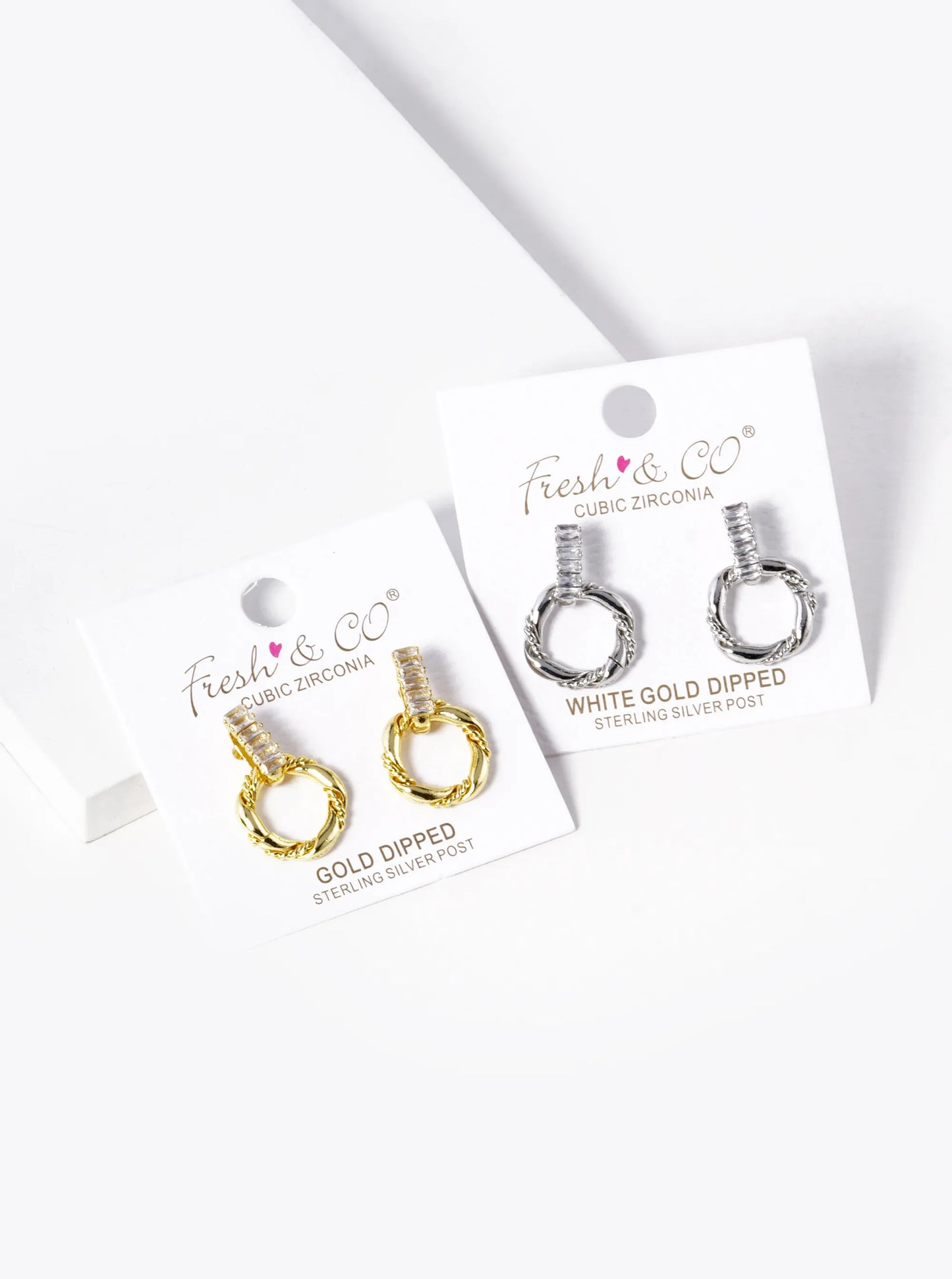 18K Gold Dipped Textured Circle Drop Baguette CZ Door Knocker Earrings