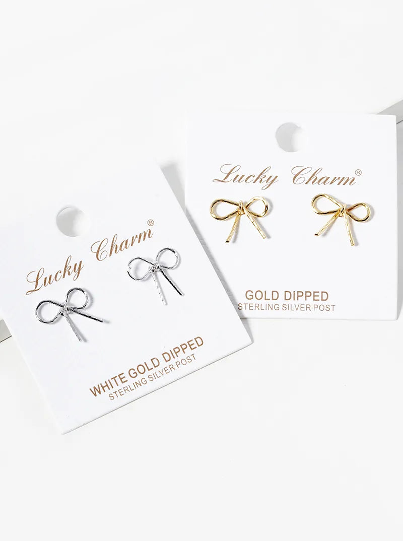 18K Gold Dipped Textured Wire Ribbon Bow Post Stud Earrings