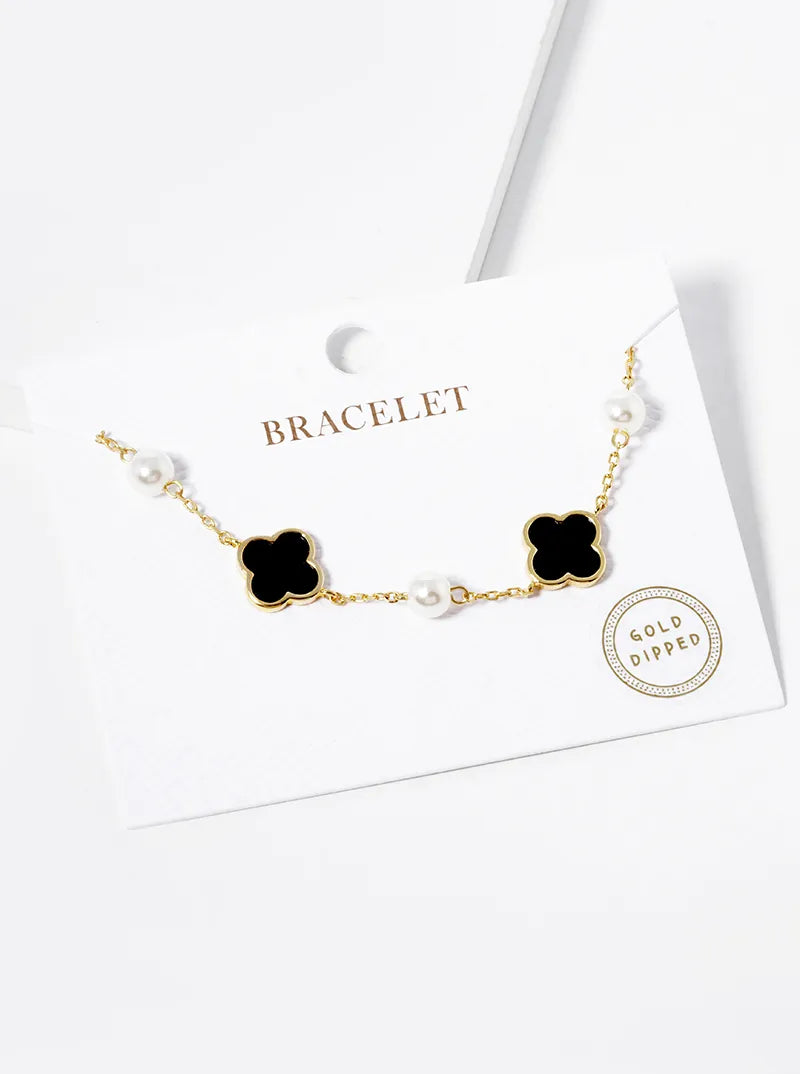 18K Gold Dipped Three 11mm Quatrefoil With Pearl Beads Bracelet