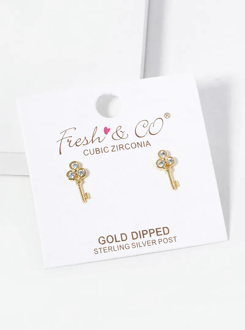 18K Gold Dipped Three CZ Stones Key Stud Earrings