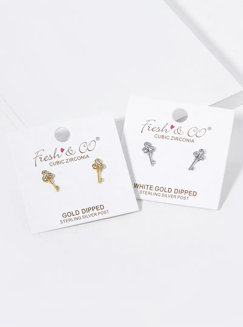 18K Gold Dipped Three CZ Stones Key Stud Earrings