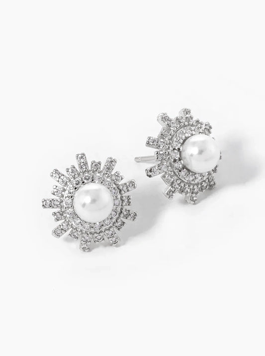 18K Gold Dipped Three-Dimensional Sunburst With Pearl Stud Earrings